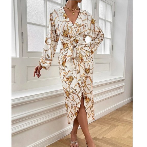 Tie Front Chain Print Asymmetrical Hem long sleeve Midi Dress - Picture 6 of 6